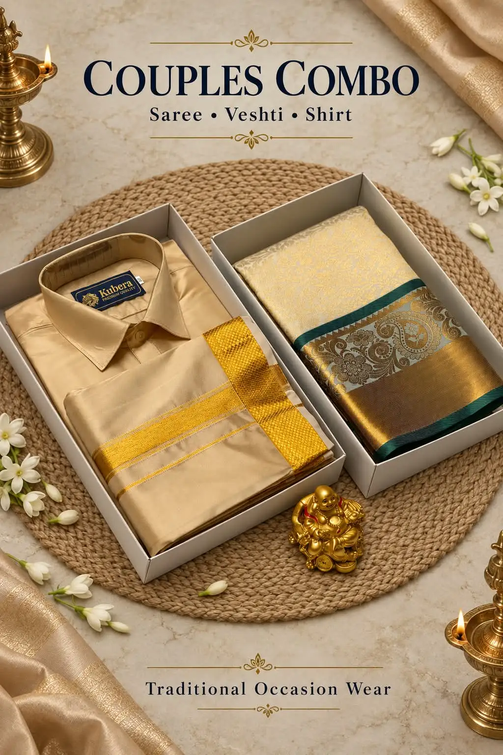 Gold & Bottle Green Zari Brocade Couple Combo Set